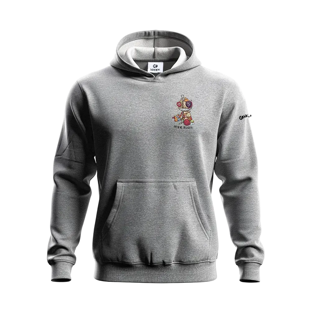 Gray hoodie with a colorful graphic on the chest against a white background
