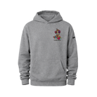 Gray hoodie with a colorful graphic on the chest against a white background