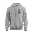 Gray hoodie with a colorful graphic on the chest against a white background