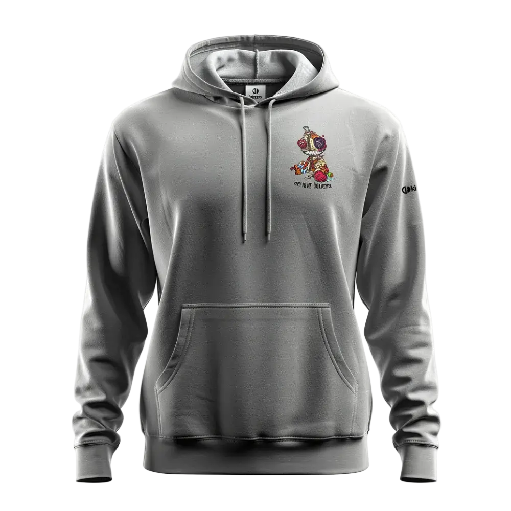 Gray hoodie with a colorful graphic on the chest against a white background