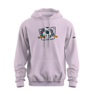 Light purple hoodie with a graphic design on the chest against a white background