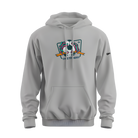 Gray hoodie with a colorful logo on a white background