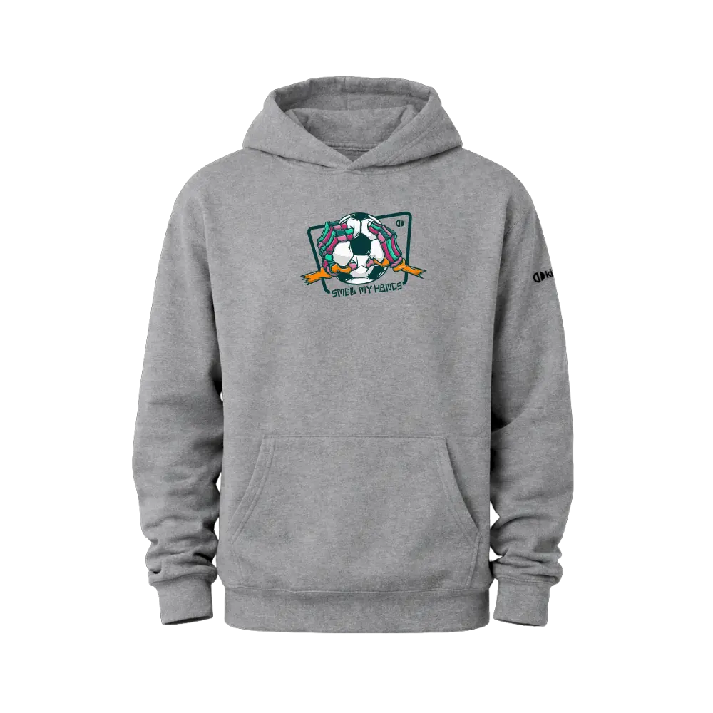 Gray hoodie with a graphic design on a white background