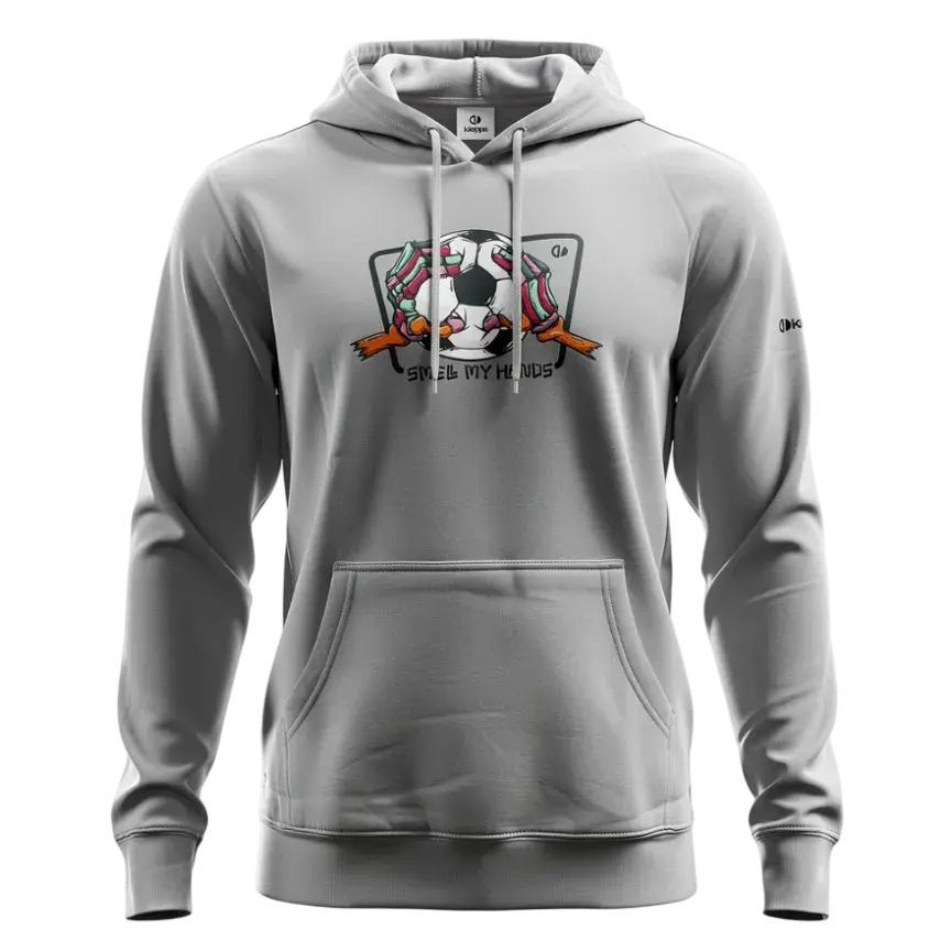Gray hoodie with a logo on the chest against a white background