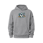 Gray hoodie with a graphic design on a white background